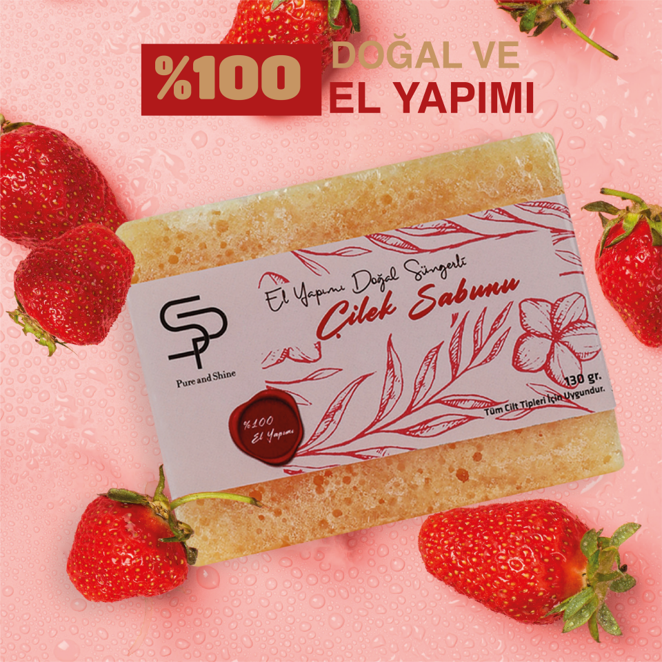 EL YAPIMI DOĞAL SÜNGERLİ   ÇİLEK SABUNU